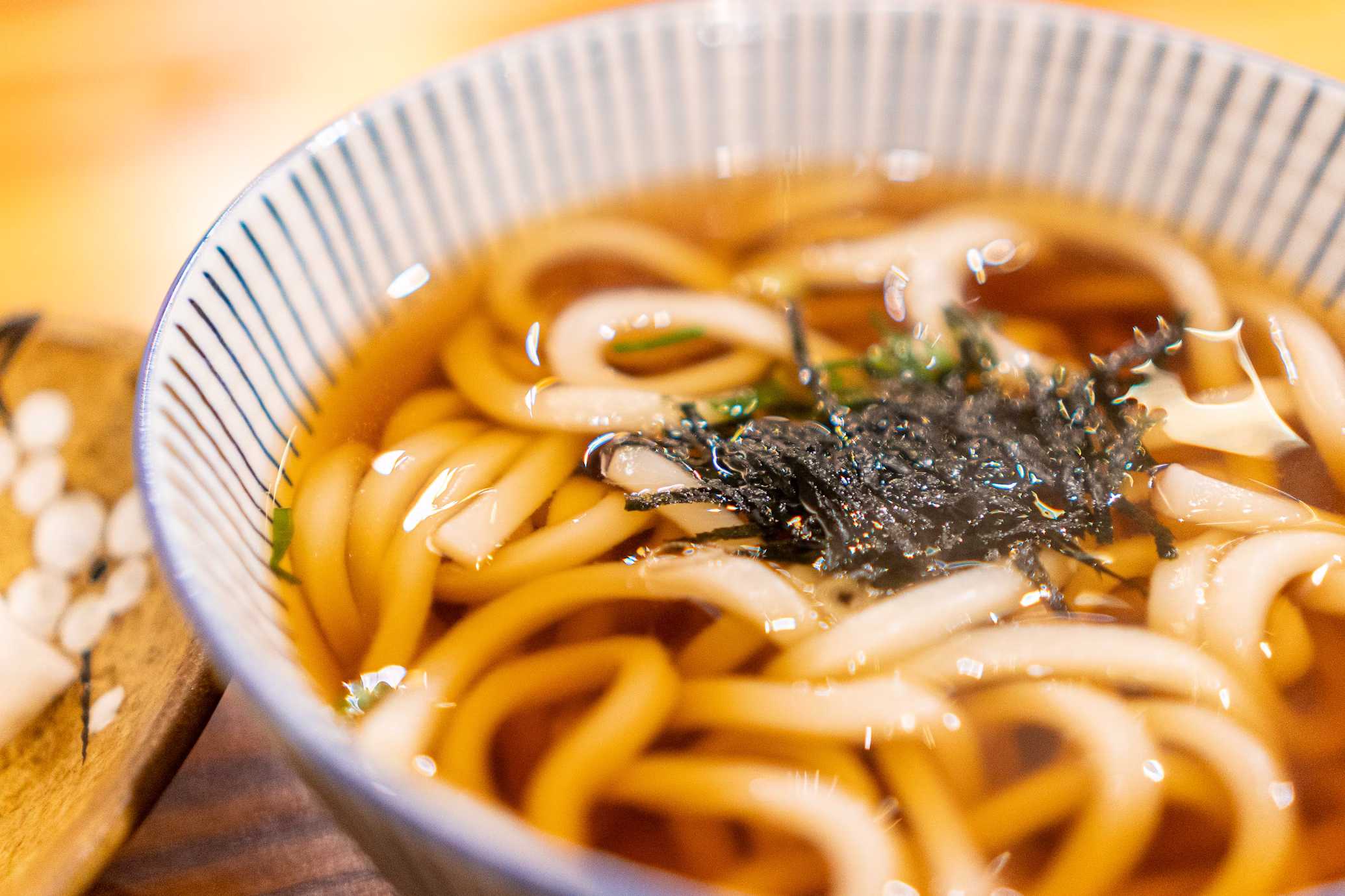 A bowl of Udon with seaweed and a blurred background